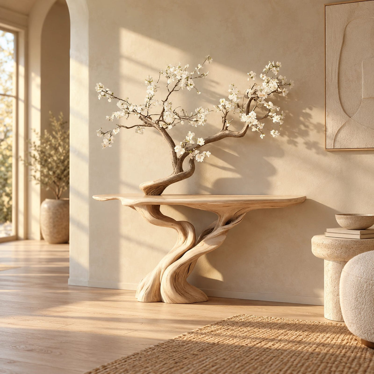 Handmade Spiral Trunk Console Table With Carved Base For Living Room