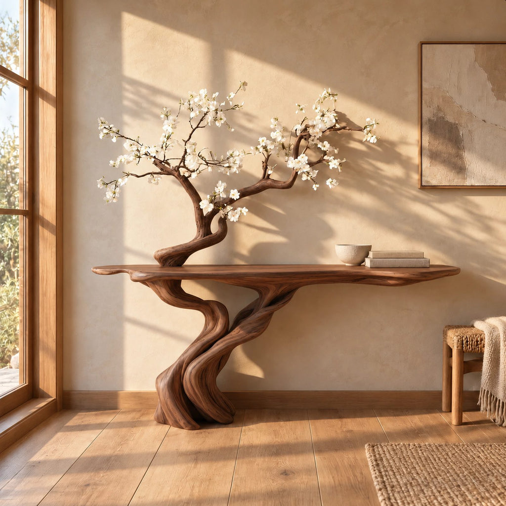 Handmade Spiral Trunk Console Table With Carved Base For Living Room