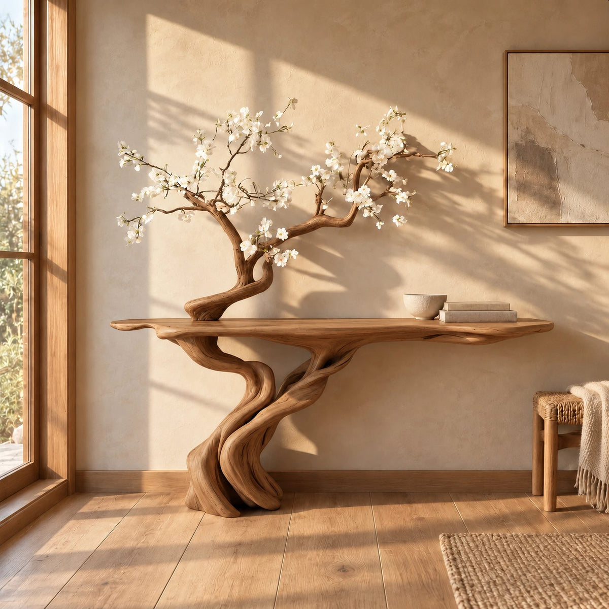 Handmade Spiral Trunk Console Table With Carved Base For Living Room