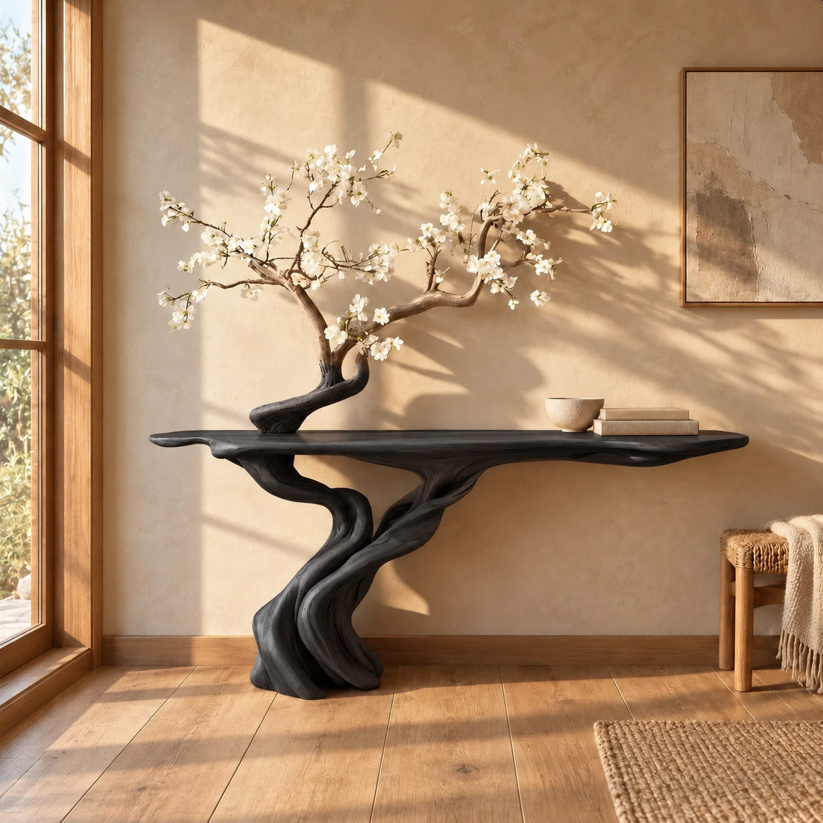Handmade Spiral Trunk Console Table With Carved Base For Living Room