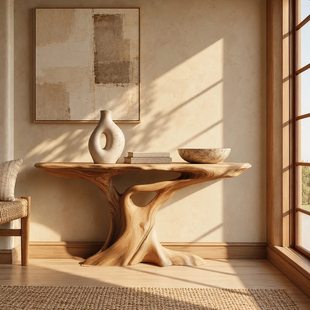 Contemporary Carved Pedestal Console Table With Open Base For Entryway