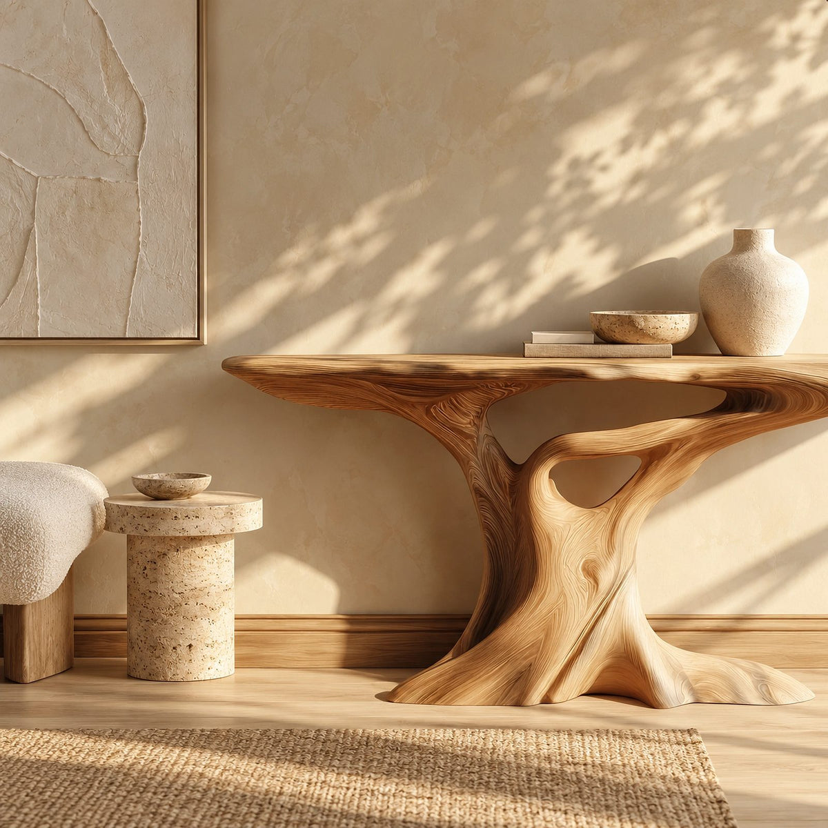 Contemporary Carved Pedestal Console Table With Open Base For Entryway
