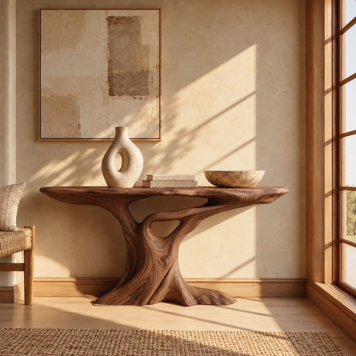 Contemporary Carved Pedestal Console Table With Open Base For Entryway
