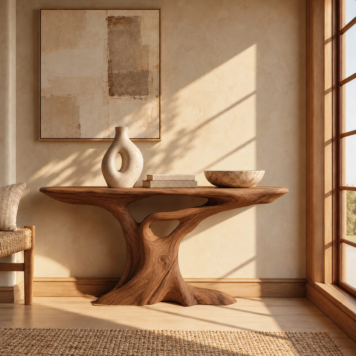 Contemporary Carved Pedestal Console Table With Open Base For Entryway