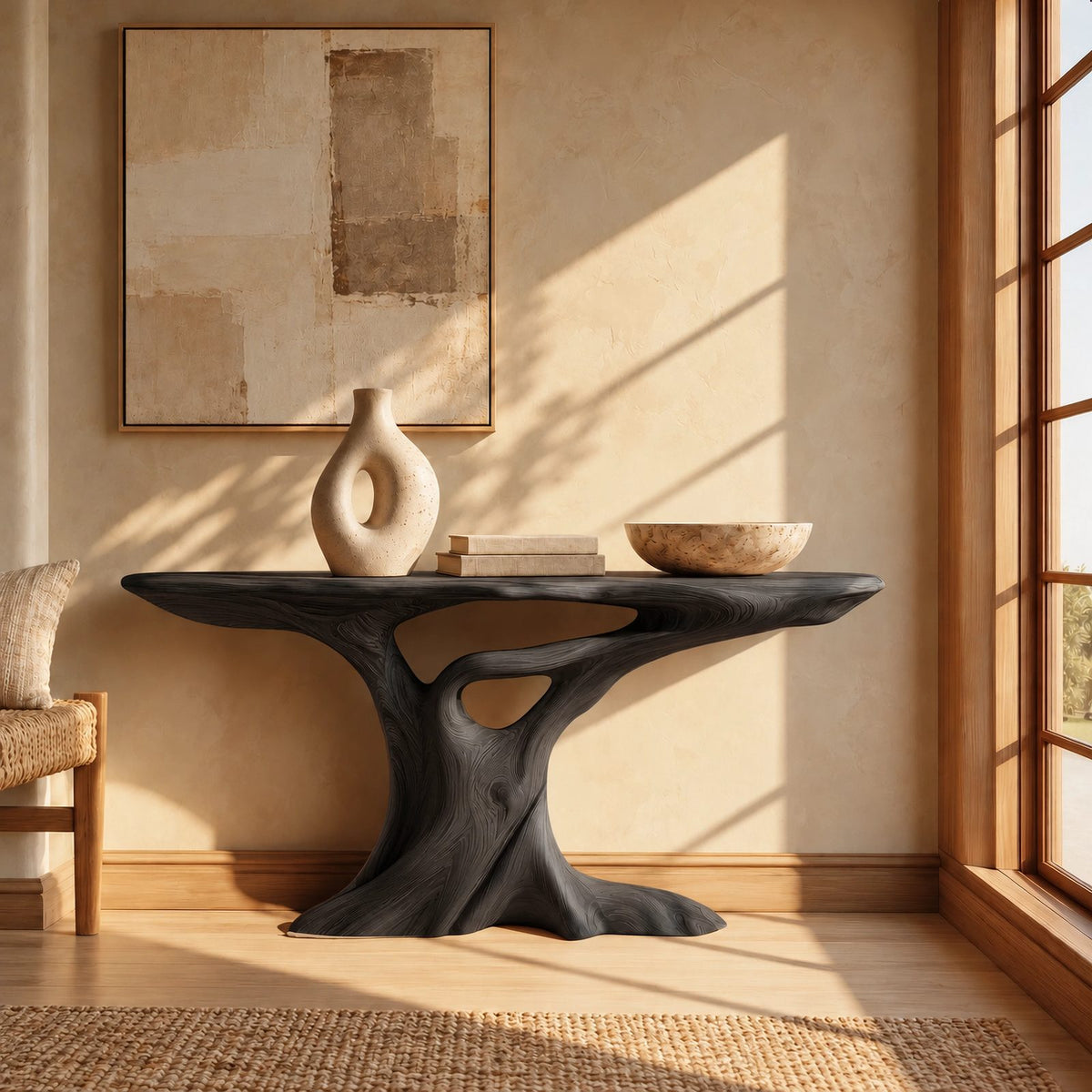 Contemporary Carved Pedestal Console Table With Open Base For Entryway