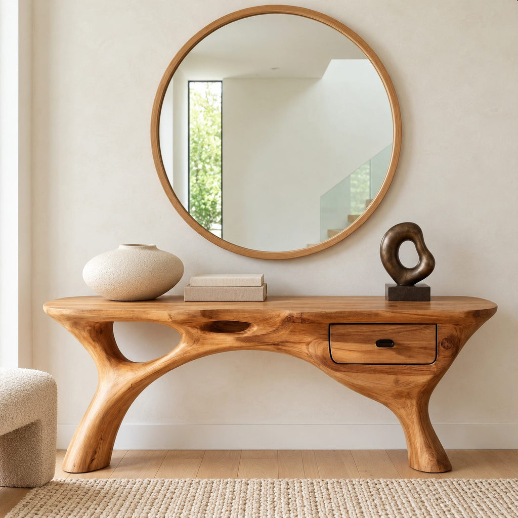 Mid Century Open Leg Console Table With Hidden Drawer For Entryway