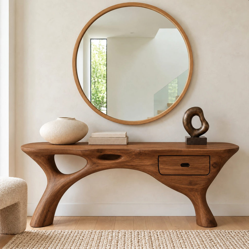 Mid Century Open Leg Console Table With Hidden Drawer For Entryway