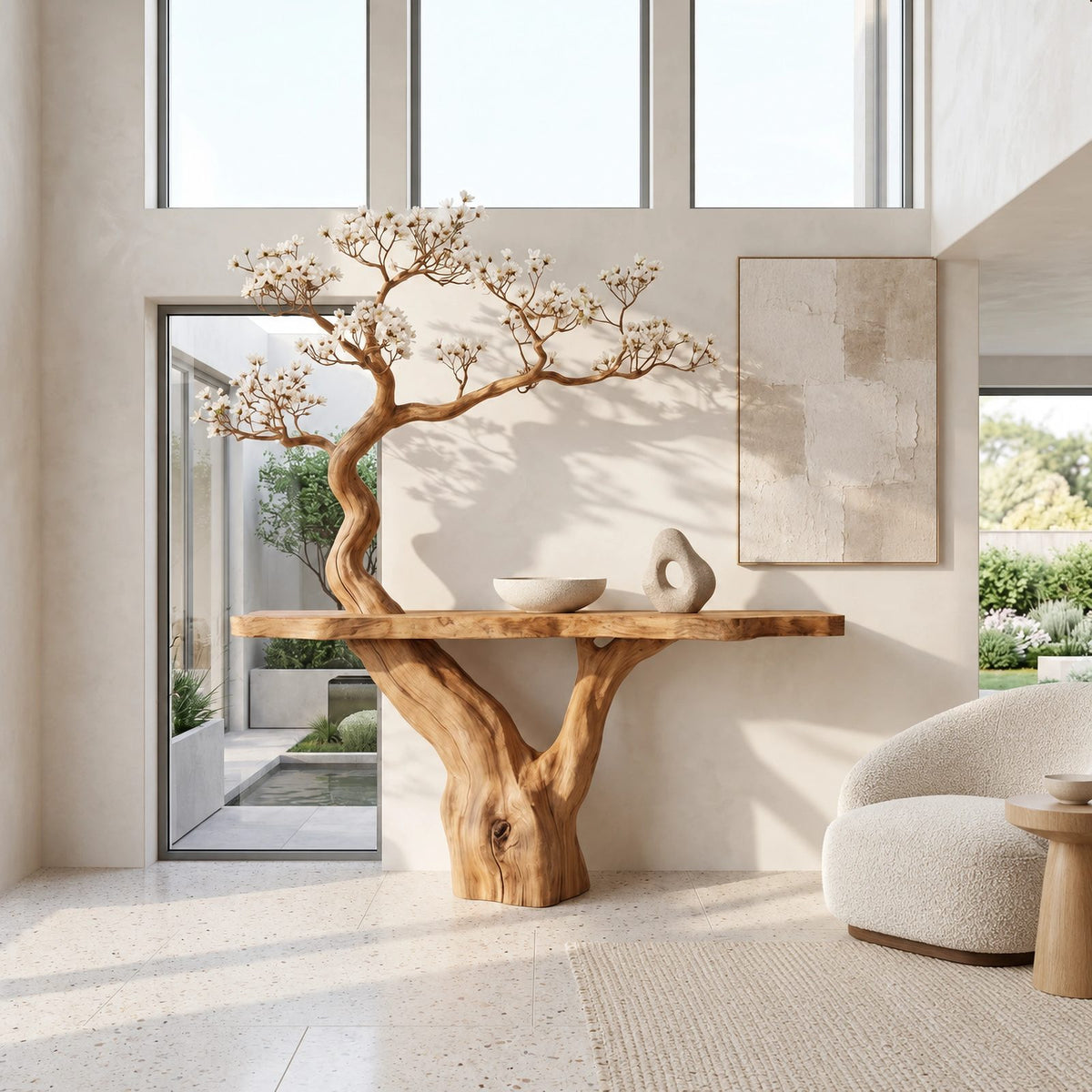 Rustic Tree Trunk Console Table With Live Edge Top For Entryway