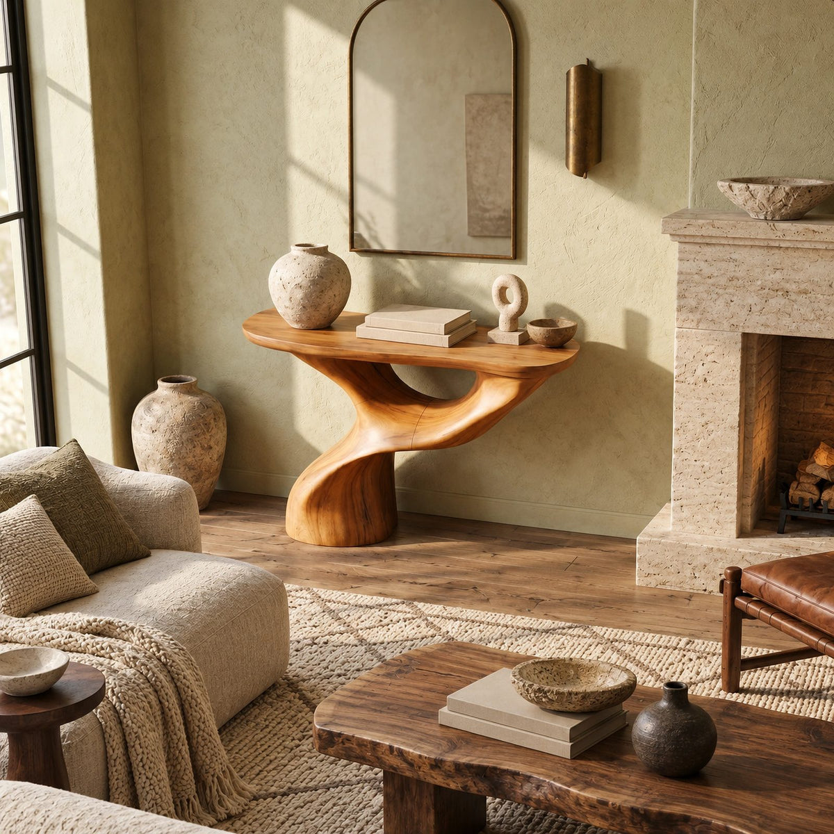 Organic Sculptural Console Table With Swooping Pedestal For Entryway