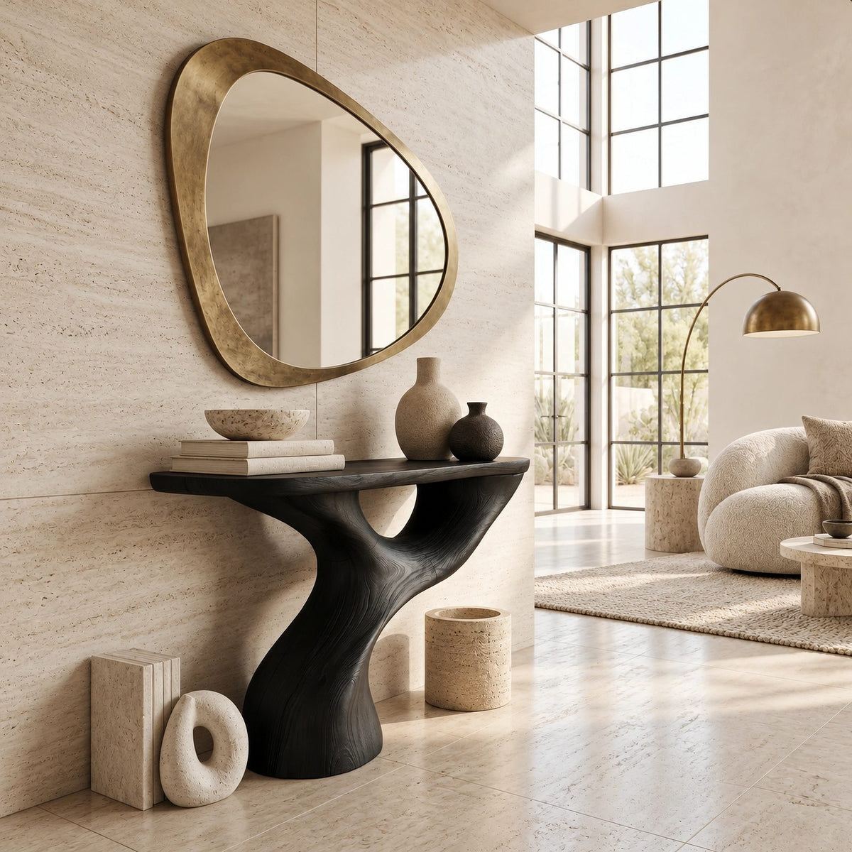Organic Sculptural Console Table With Swooping Pedestal For Entryway