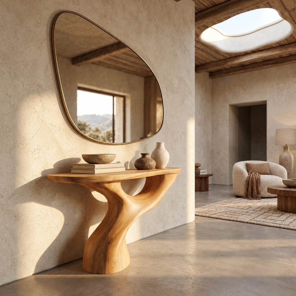 Organic Sculptural Console Table With Swooping Pedestal For Entryway