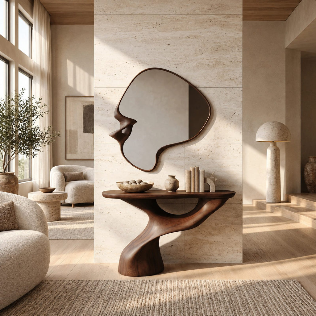Organic Sculptural Console Table With Swooping Pedestal For Entryway