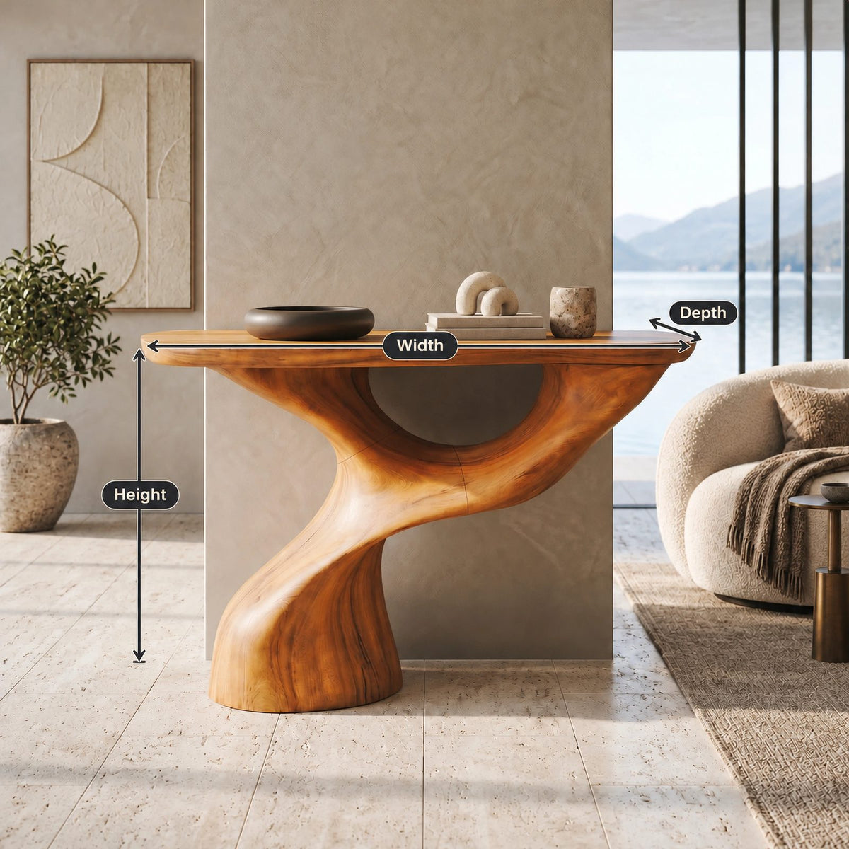 Organic Sculptural Console Table With Swooping Pedestal For Entryway