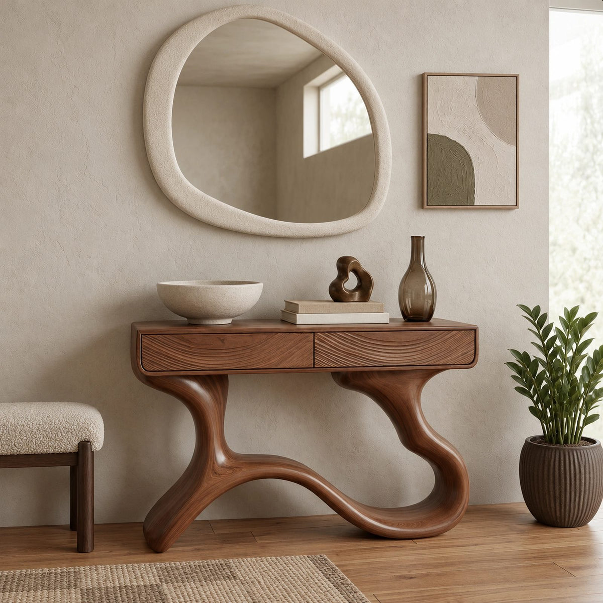 Sculptural Wave Leg Console Table With Hidden Drawers For Entryway