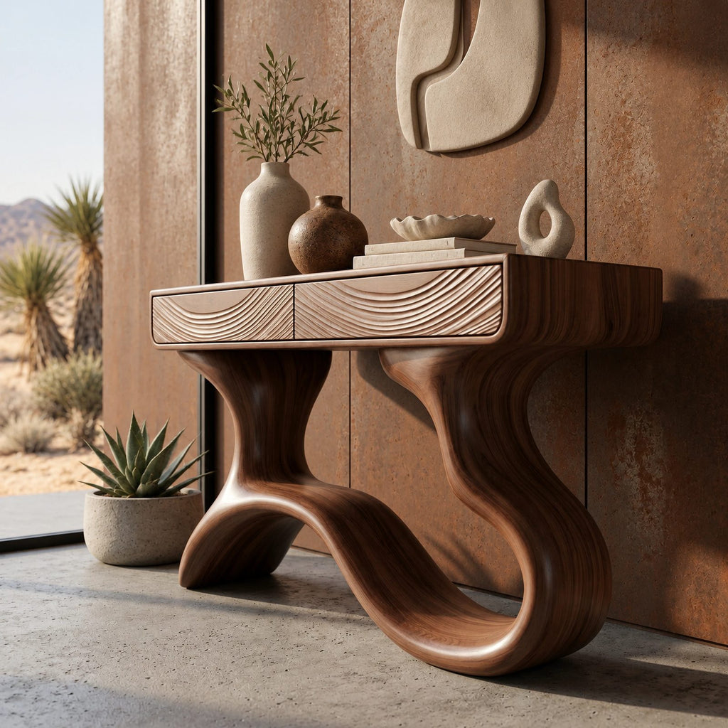 Sculptural Wave Leg Console Table With Hidden Drawers For Entryway