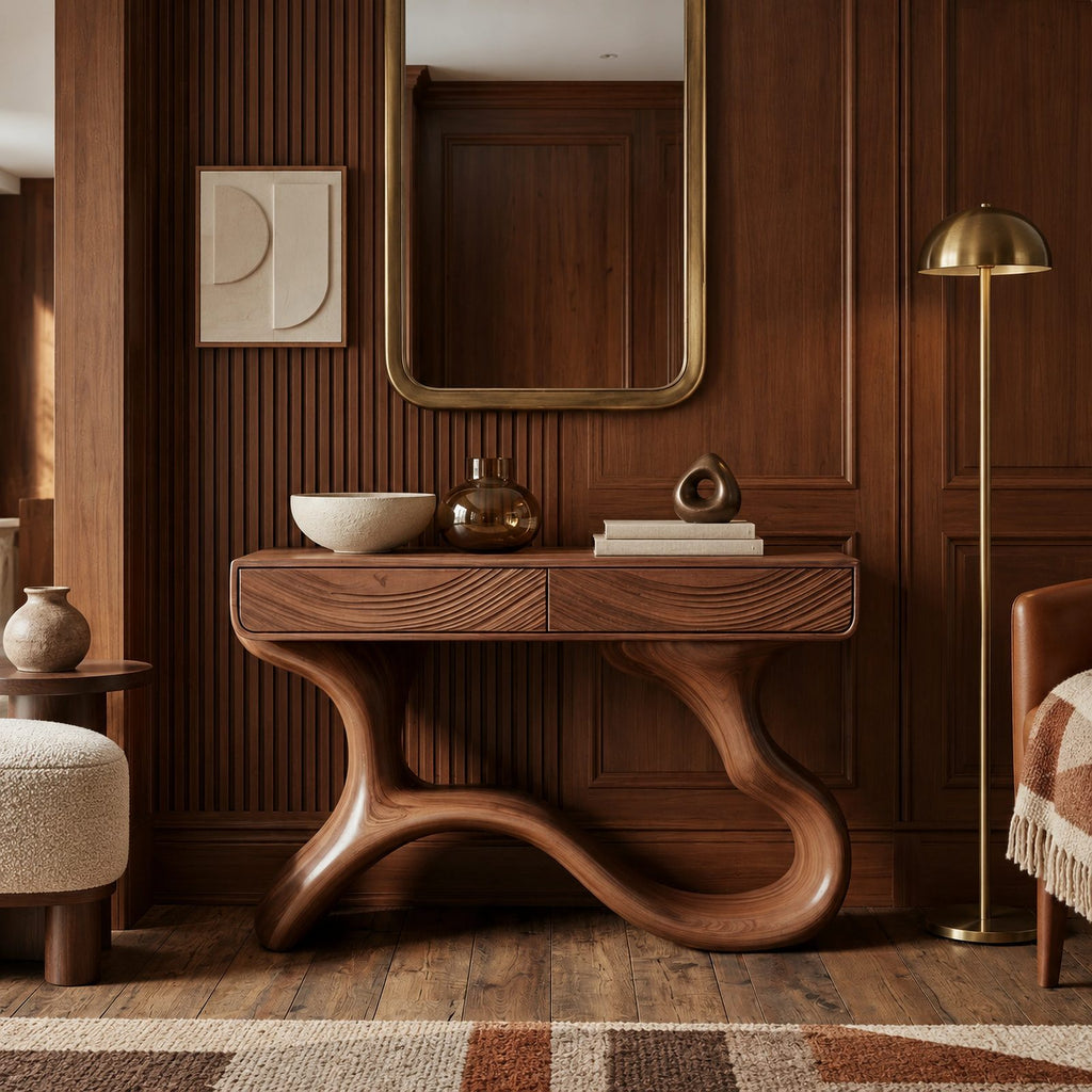 Sculptural Wave Leg Console Table With Hidden Drawers For Entryway