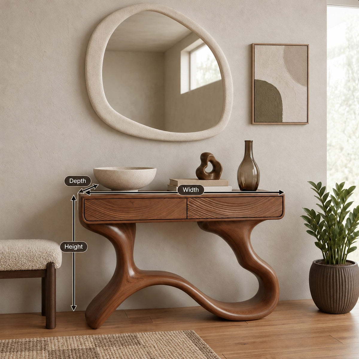 Sculptural Wave Leg Console Table With Hidden Drawers For Entryway