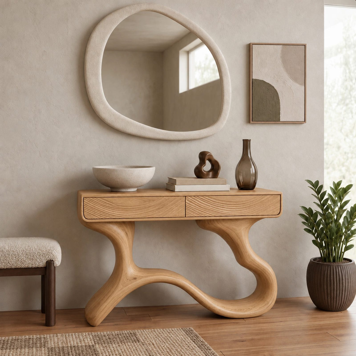 Sculptural Wave Leg Console Table With Hidden Drawers For Entryway