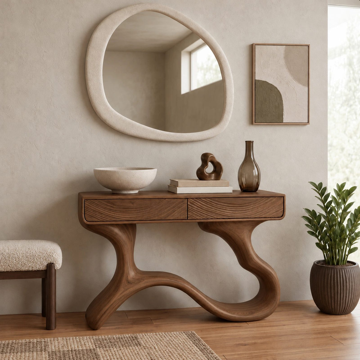 Sculptural Wave Leg Console Table With Hidden Drawers For Entryway
