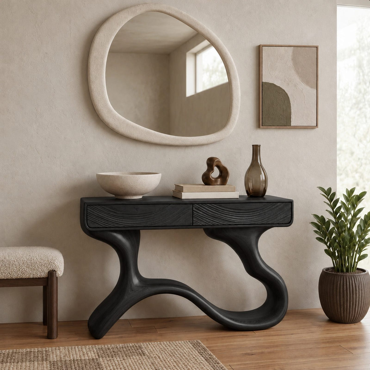 Sculptural Wave Leg Console Table With Hidden Drawers For Entryway