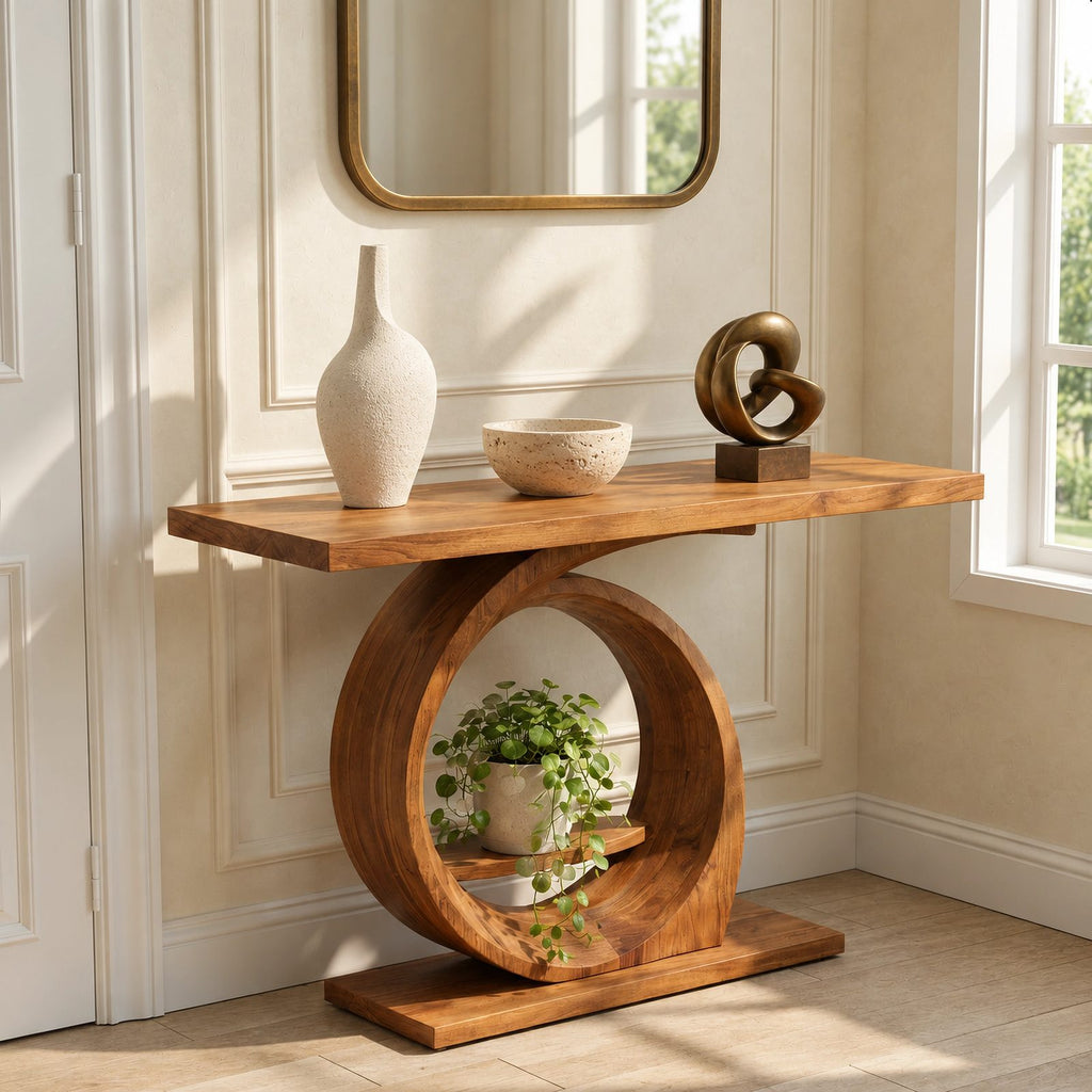 Modern Ring Pedestal Console Table With Open Shelf Nook For Entryway