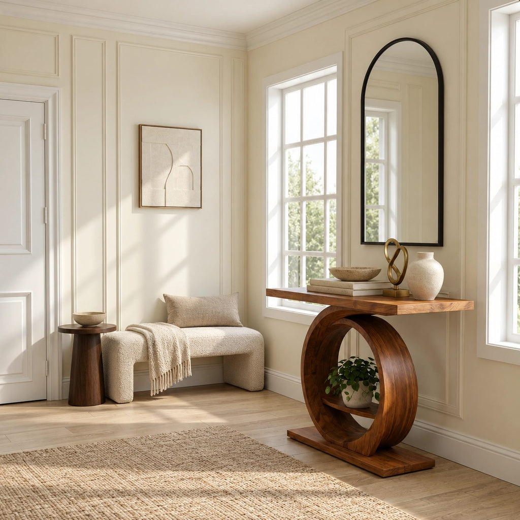 Modern Ring Pedestal Console Table With Open Shelf Nook For Entryway
