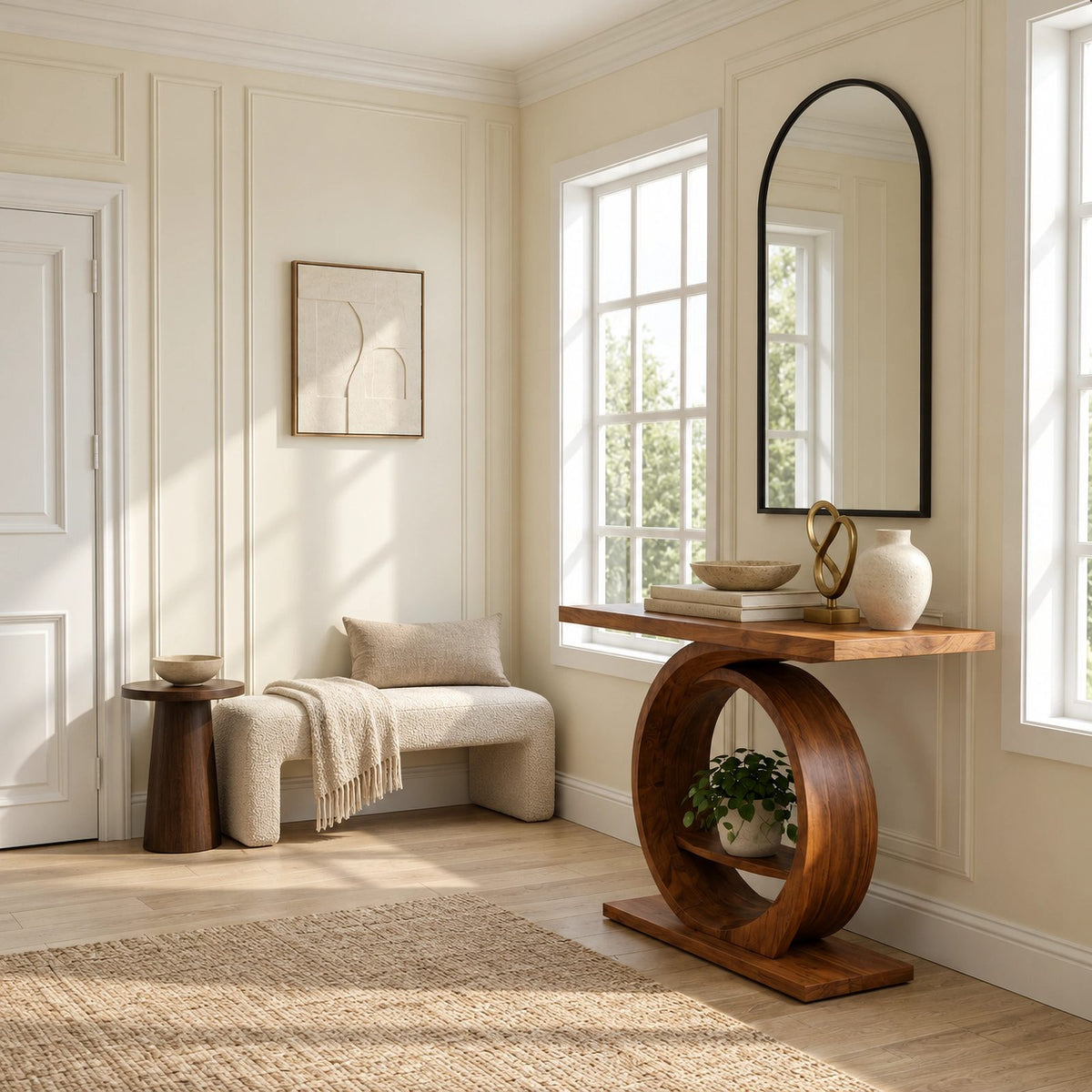 Modern Ring Pedestal Console Table With Open Shelf Nook For Entryway