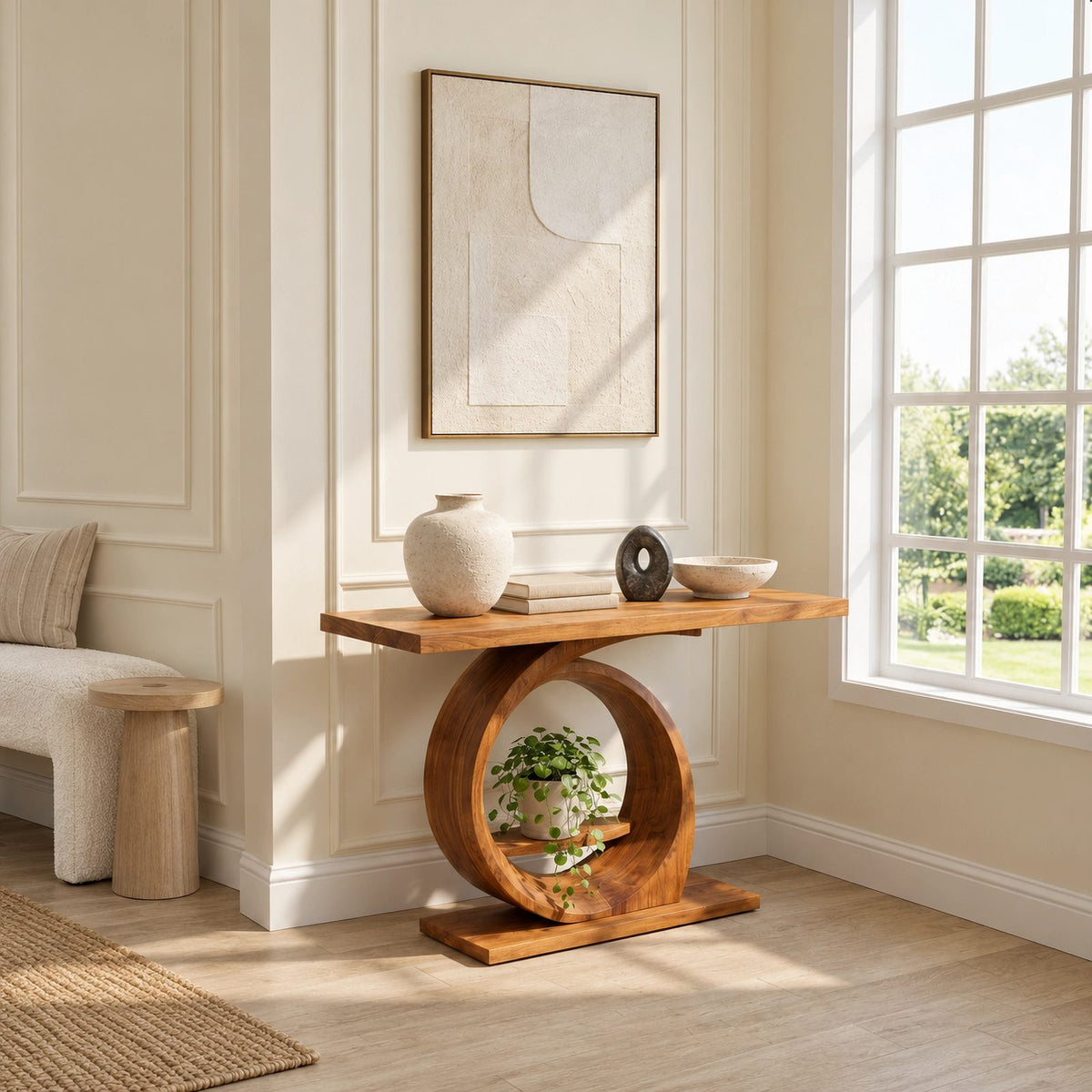 Modern Ring Pedestal Console Table With Open Shelf Nook For Entryway