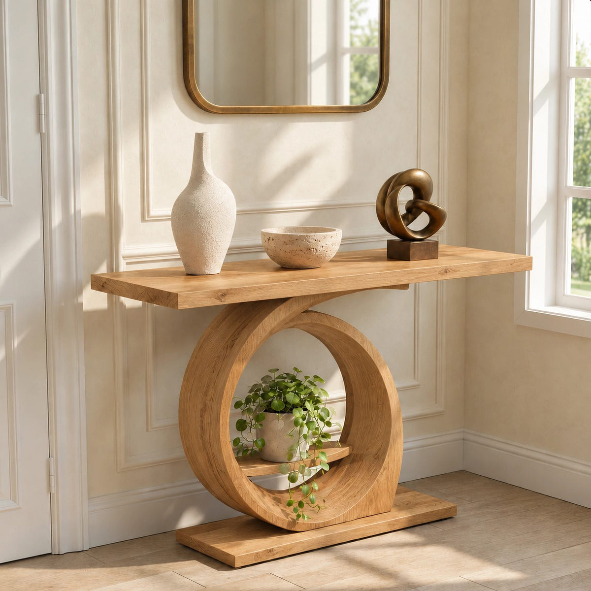 Modern Ring Pedestal Console Table With Open Shelf Nook For Entryway
