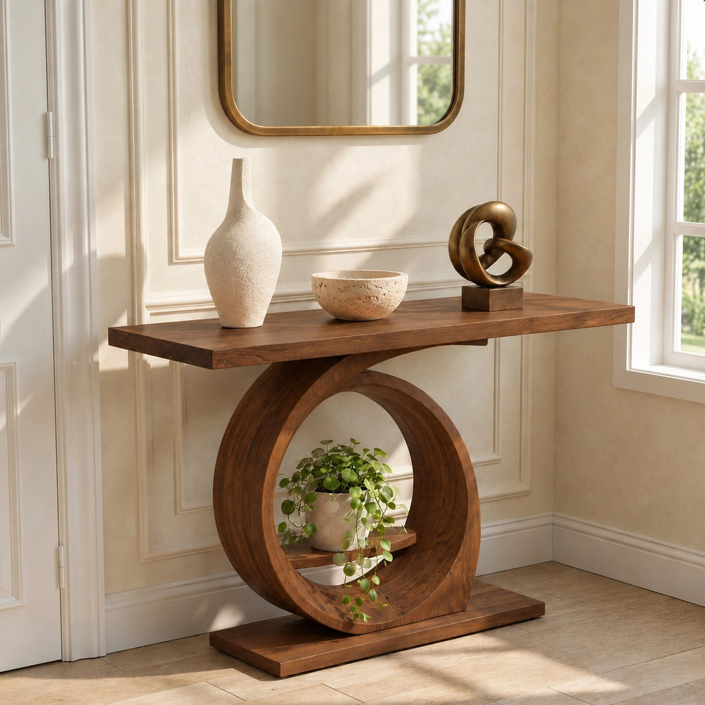 Modern Ring Pedestal Console Table With Open Shelf Nook For Entryway