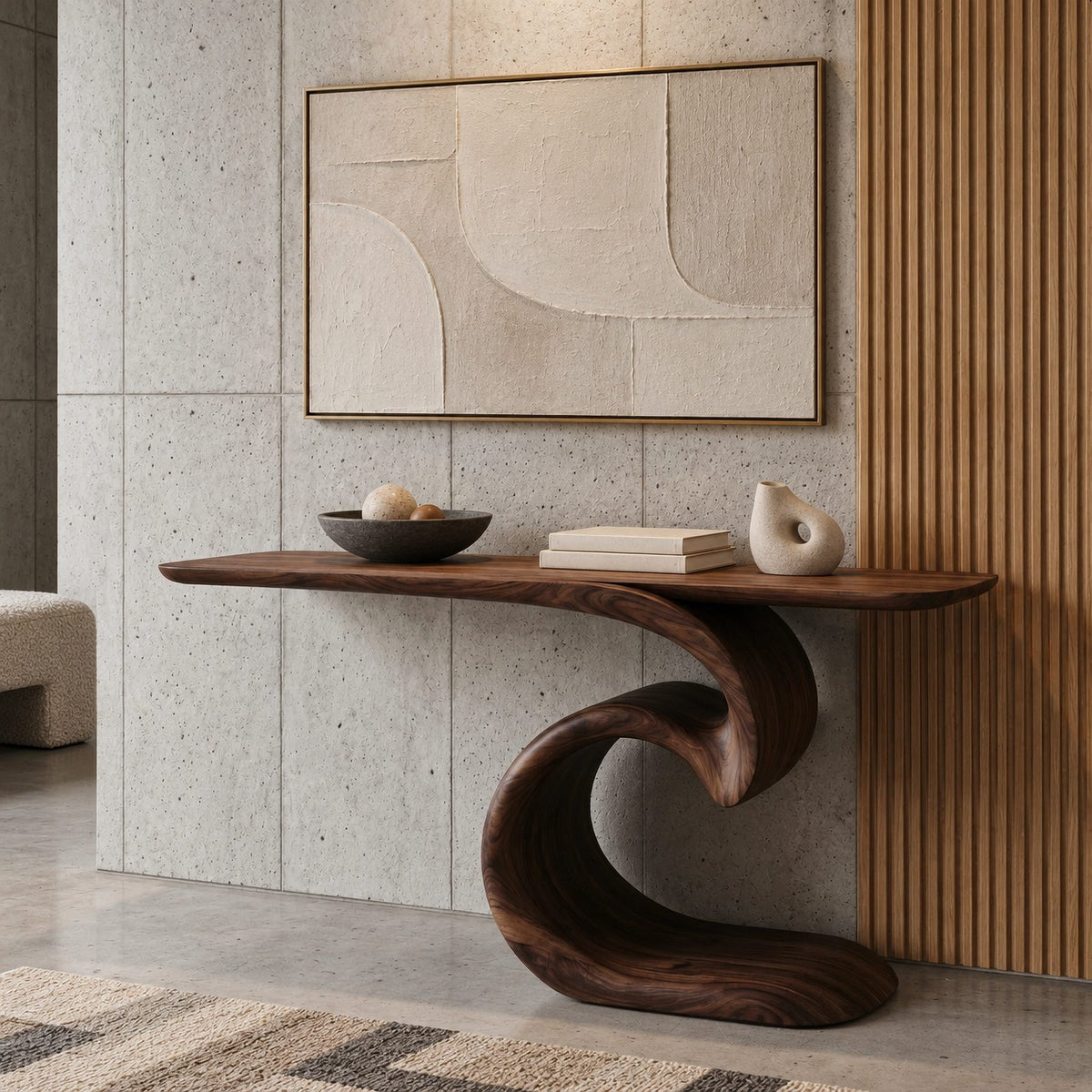 Sculptural Ocean Wave Console Table With Curling Base For Entryway