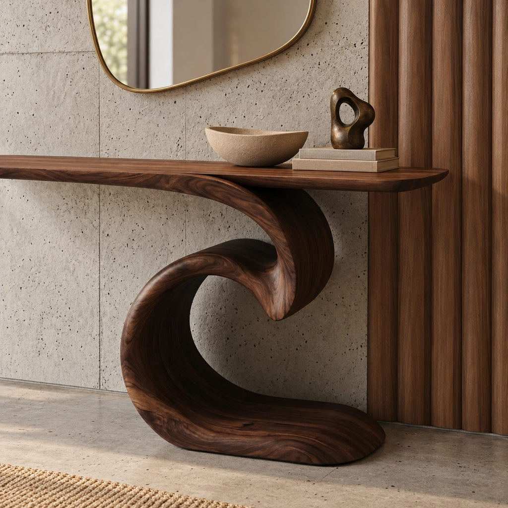 Sculptural Ocean Wave Console Table With Curling Base For Entryway