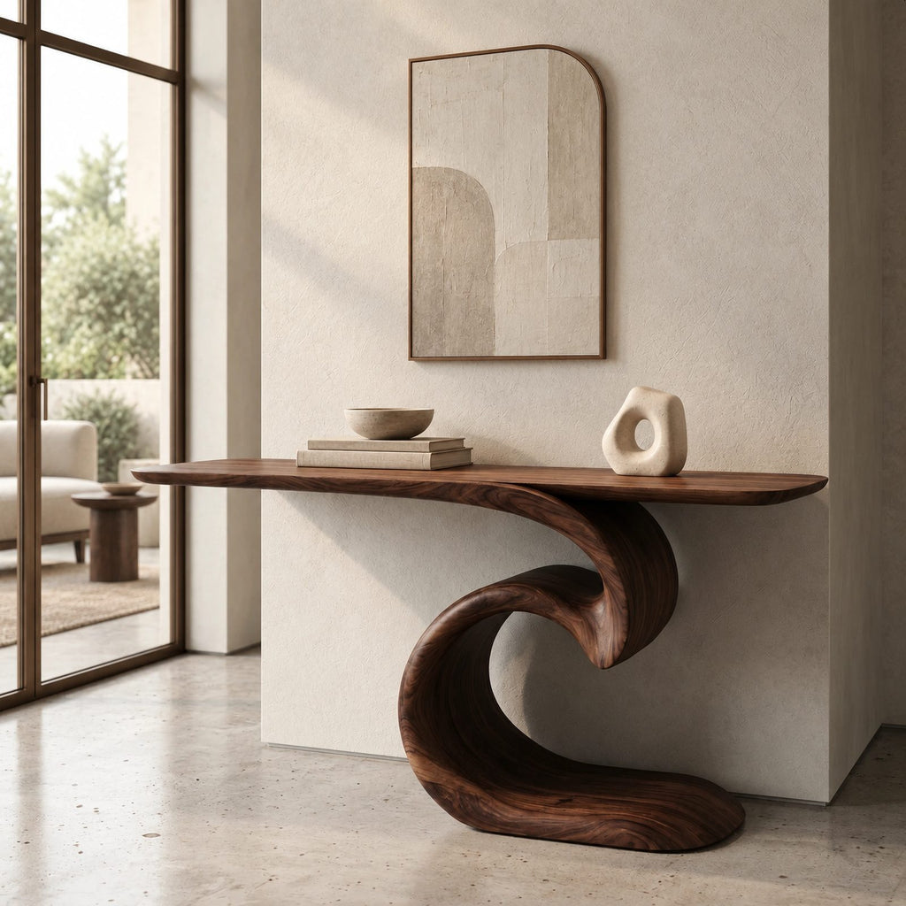 Sculptural Ocean Wave Console Table With Curling Base For Entryway