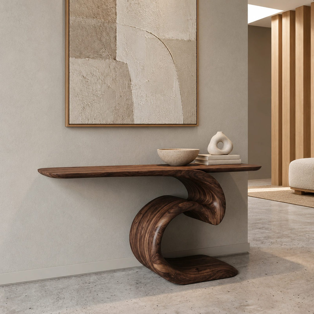 Sculptural Ocean Wave Console Table With Curling Base For Entryway