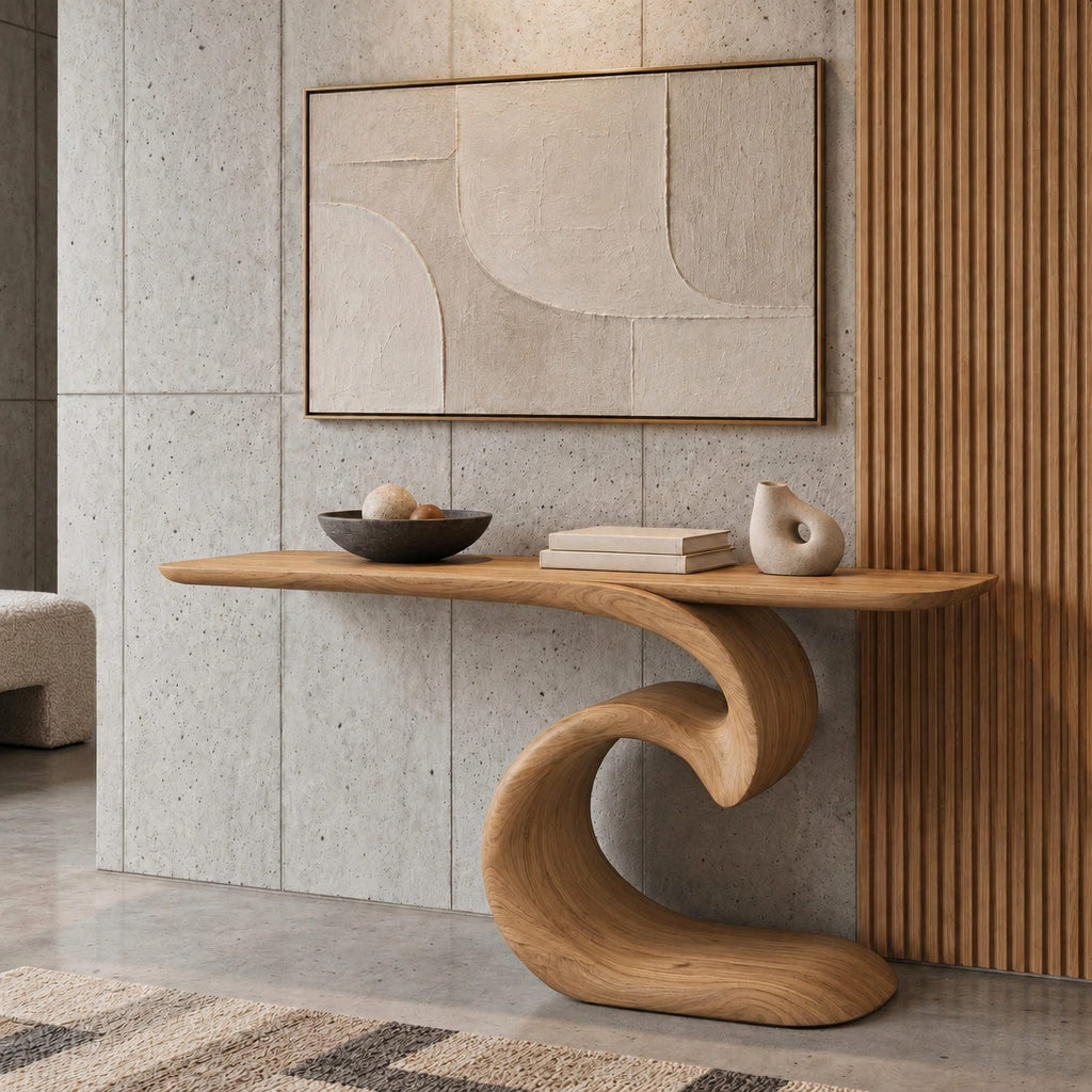 Sculptural Ocean Wave Console Table With Curling Base For Entryway
