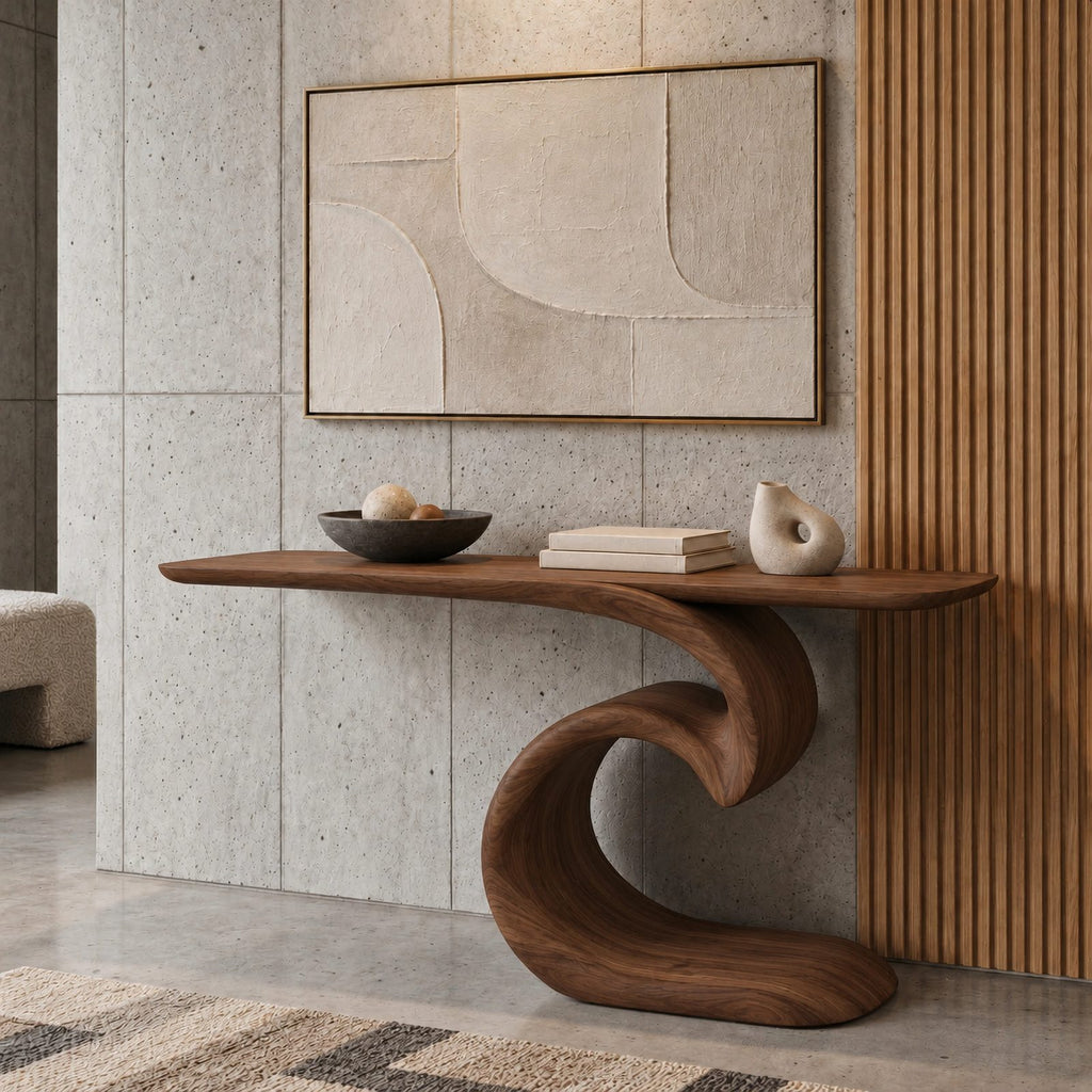 Sculptural Ocean Wave Console Table With Curling Base For Entryway