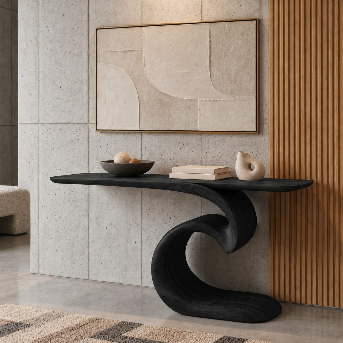 Sculptural Ocean Wave Console Table With Curling Base For Entryway