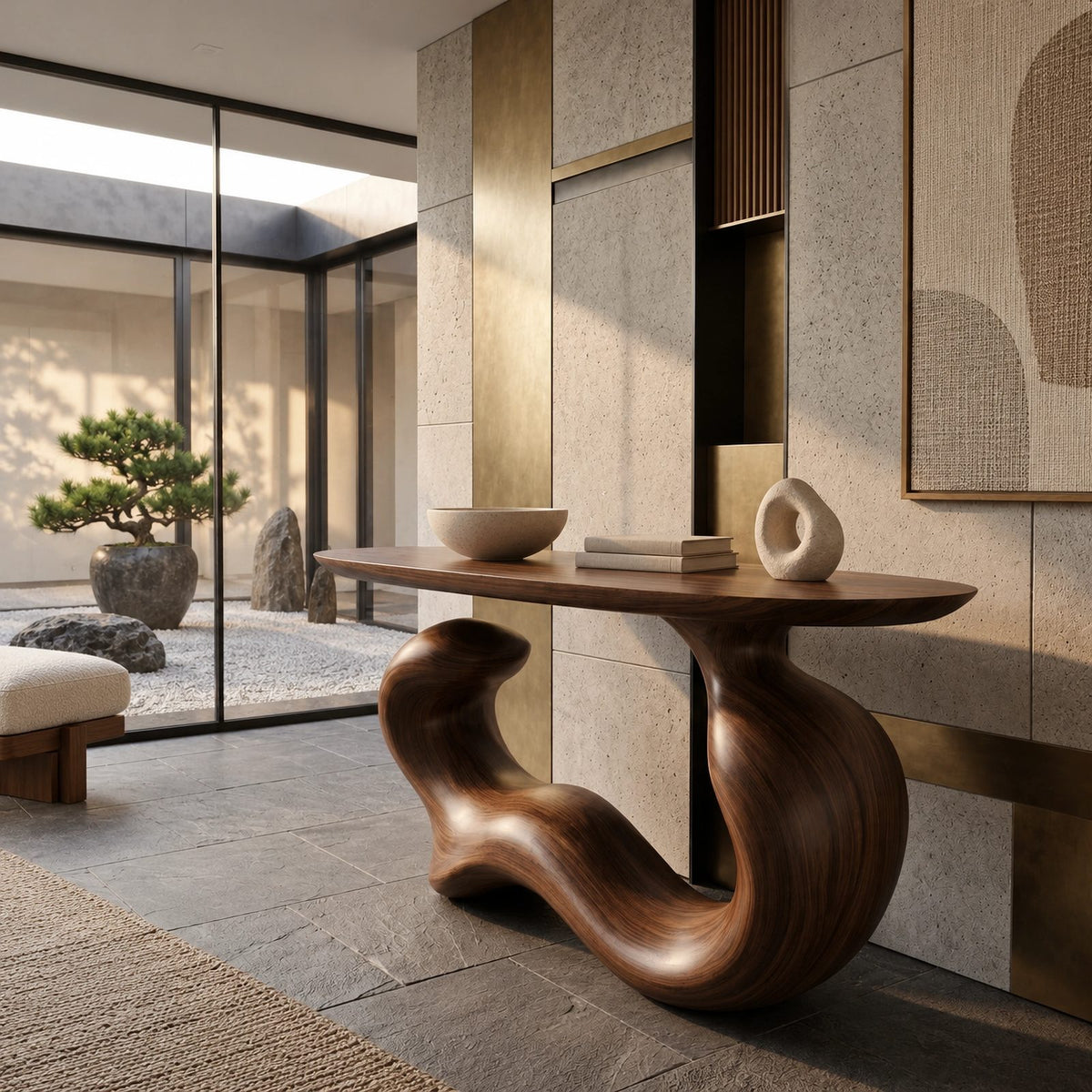 Japandi Flowing Wave Console Table With Soft Curved Base For Entryway