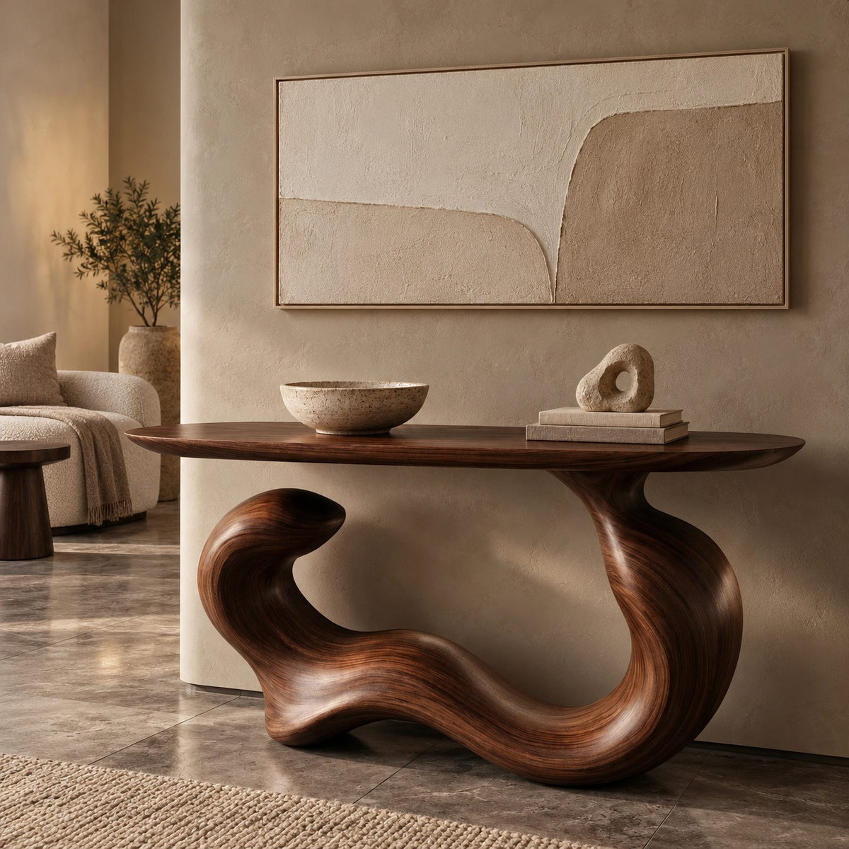 Japandi Flowing Wave Console Table With Soft Curved Base For Entryway
