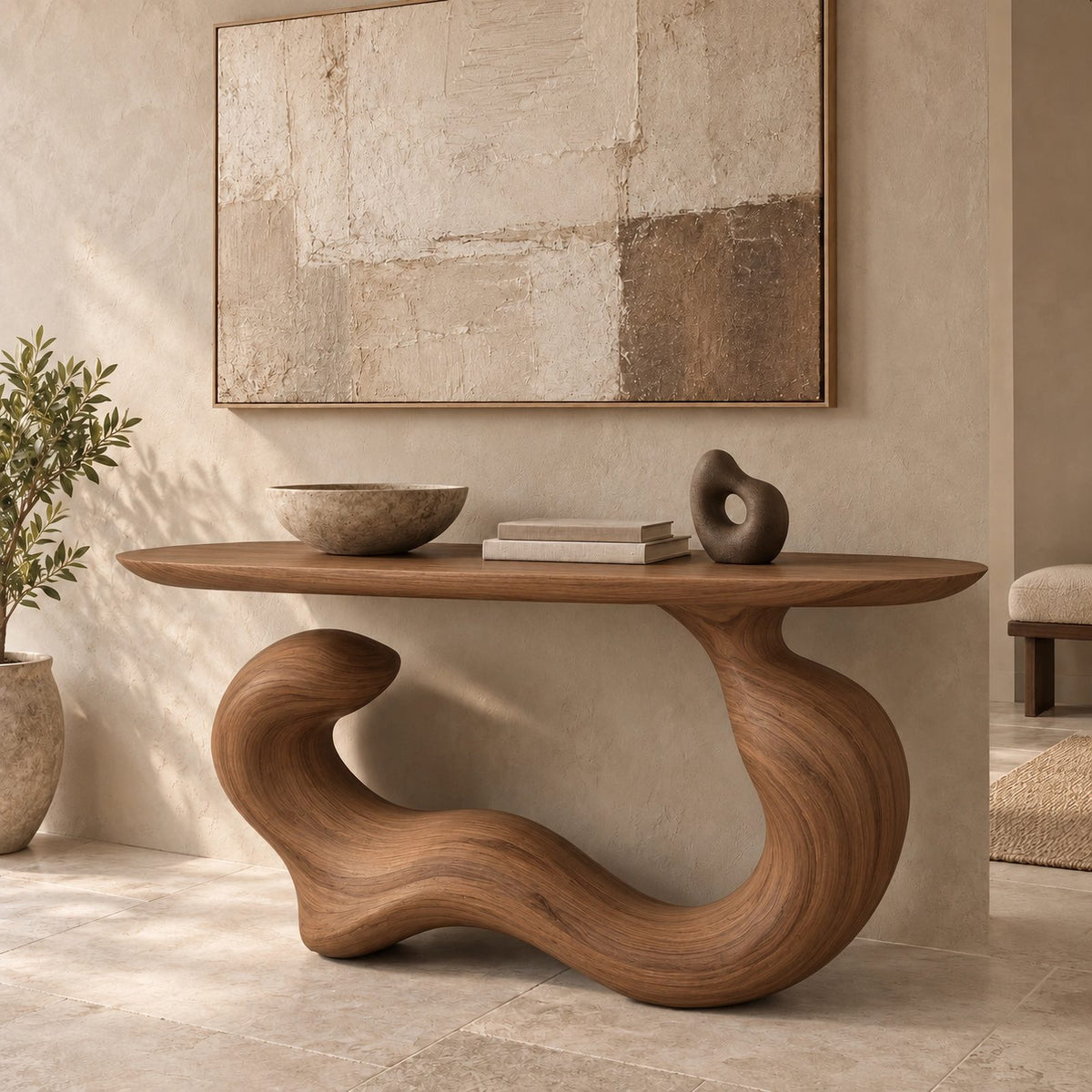 Japandi Flowing Wave Console Table With Soft Curved Base For Entryway