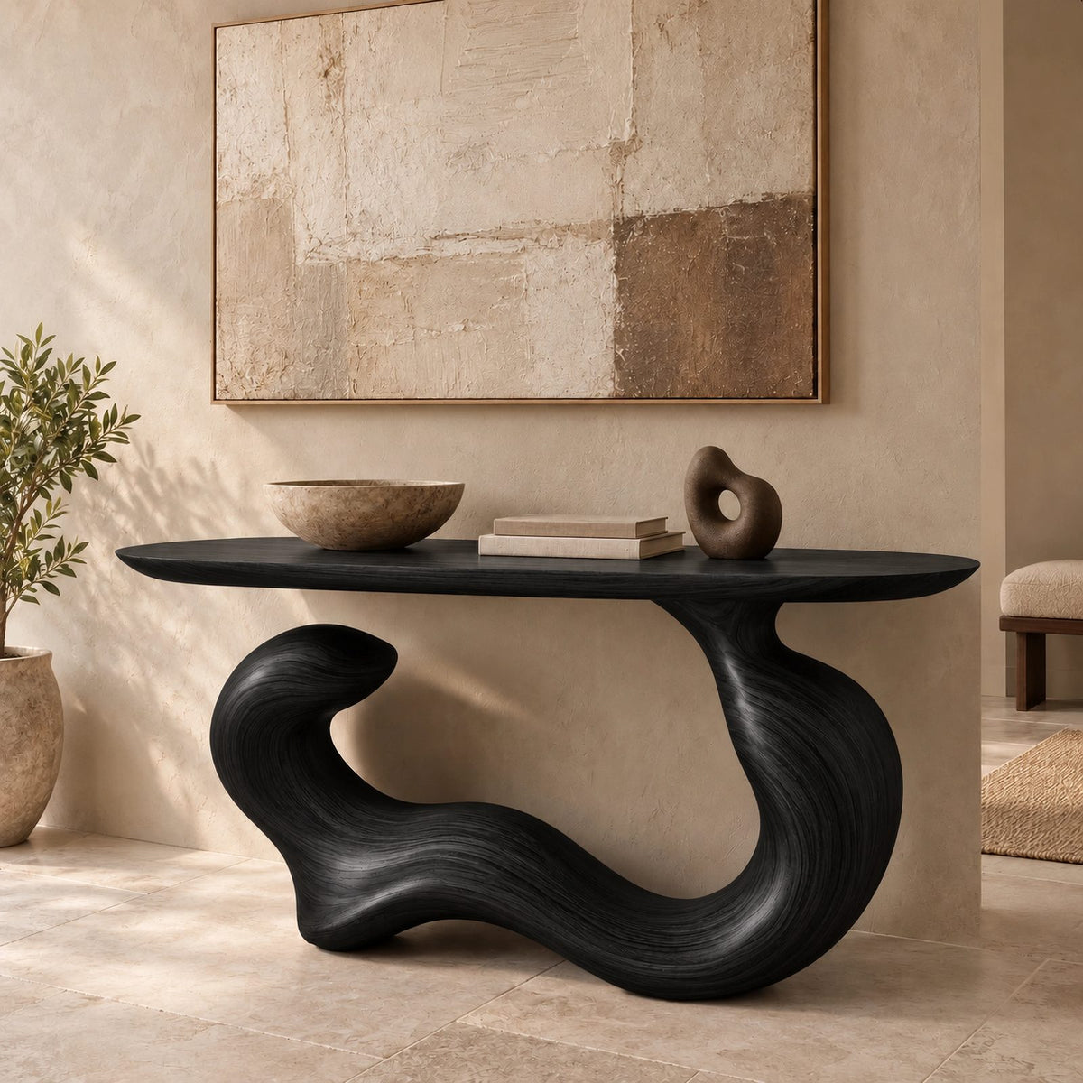 Japandi Flowing Wave Console Table With Soft Curved Base For Entryway