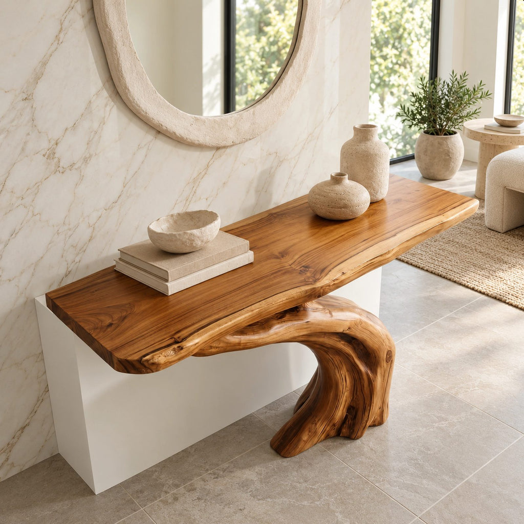 Rustic Root Base Pedestal Console Table For Entryway