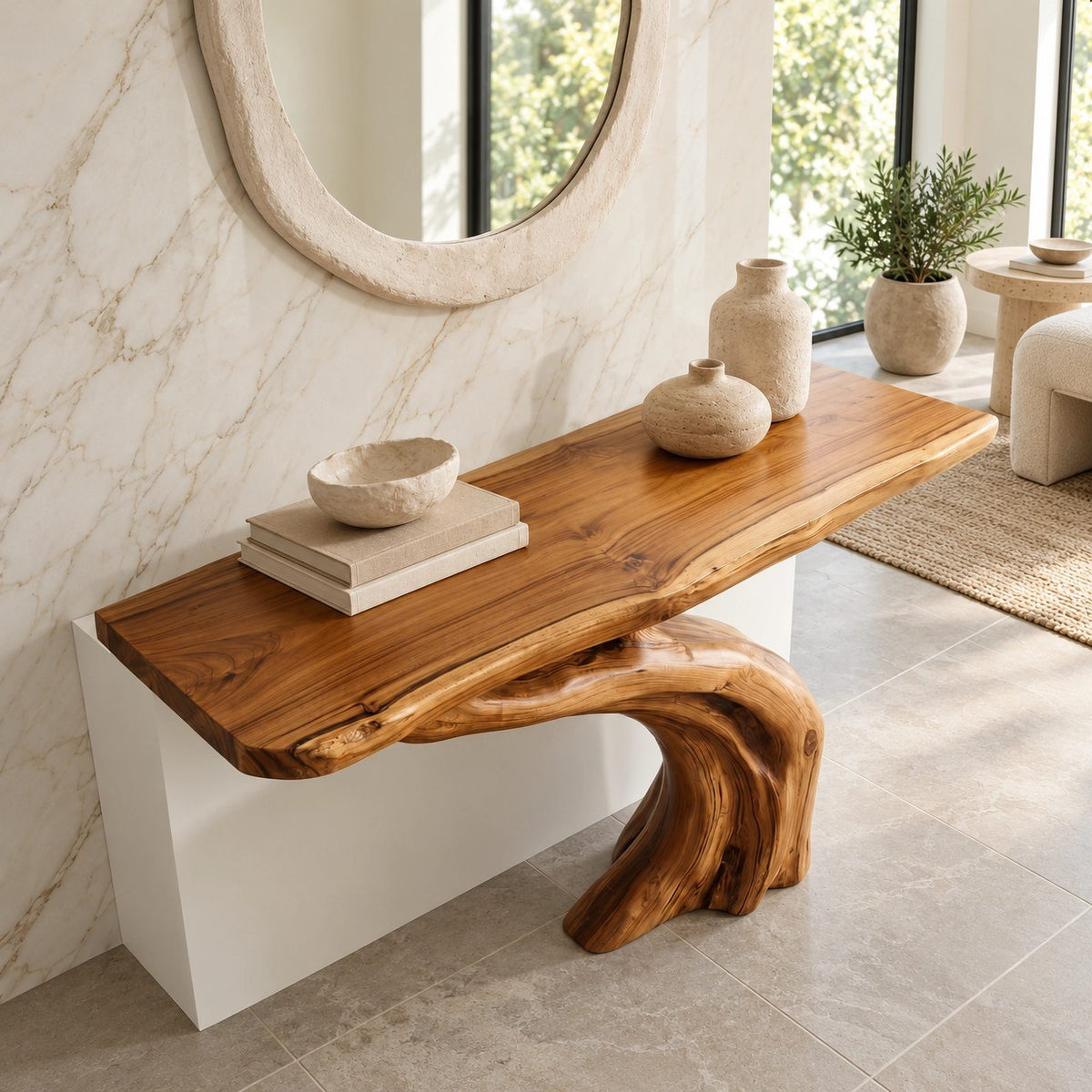 Rustic Root Base Pedestal Console Table For Entryway