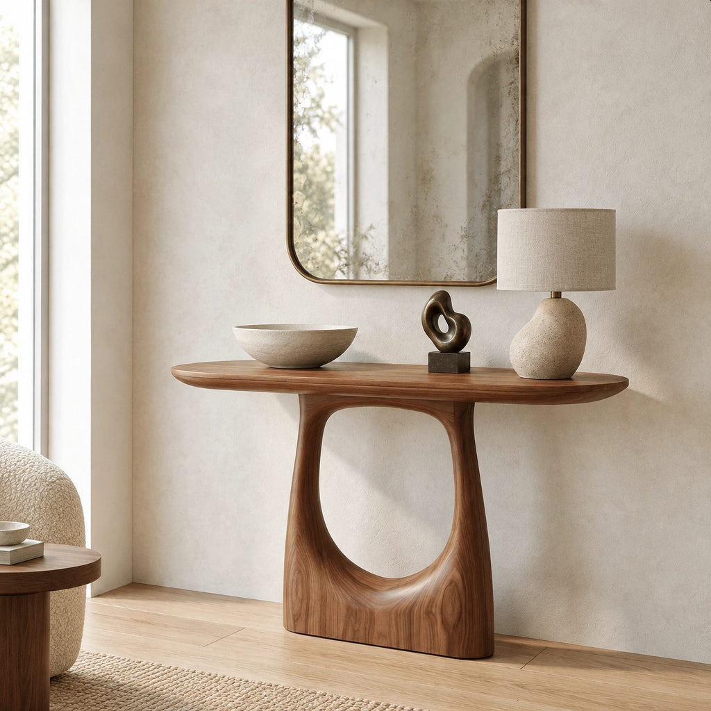 Modern Pedestal Console Table With Oval Cutout Base For Entryway