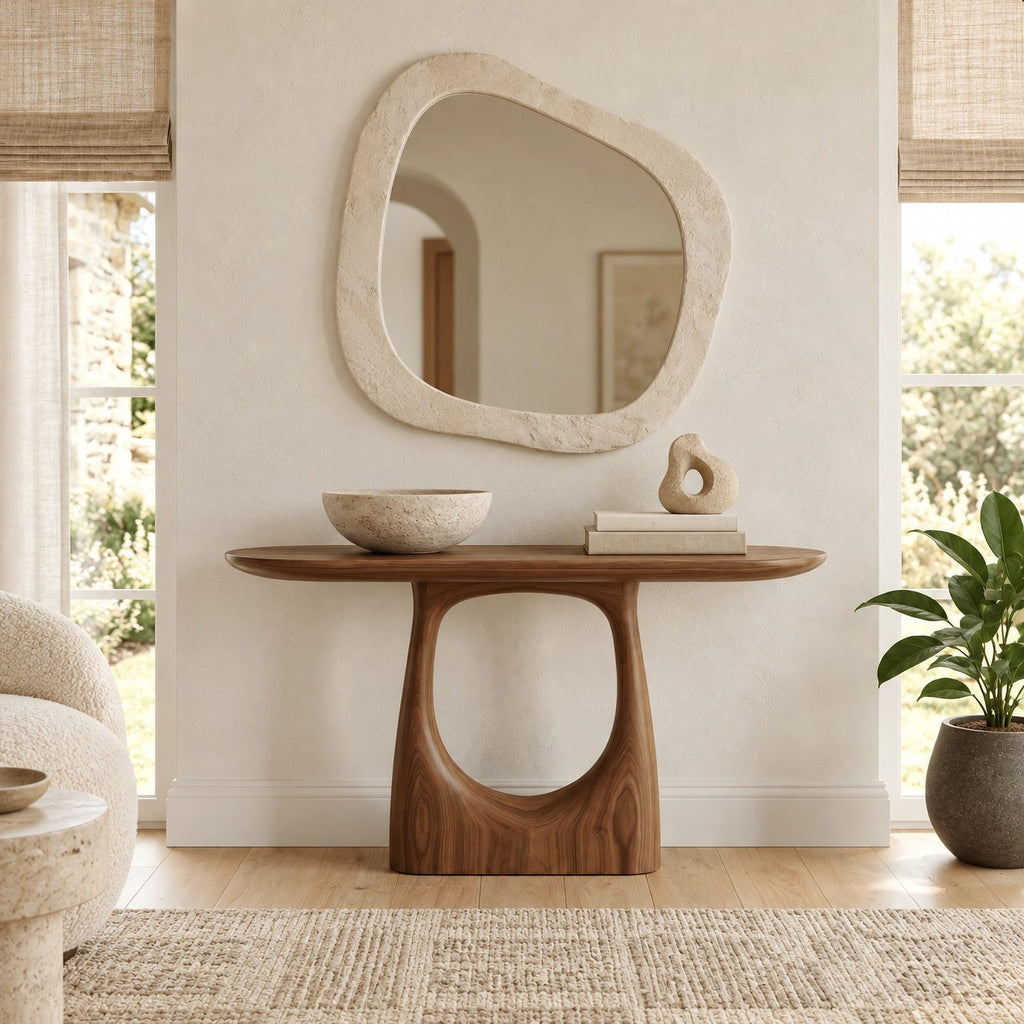 Modern Pedestal Console Table With Oval Cutout Base For Entryway