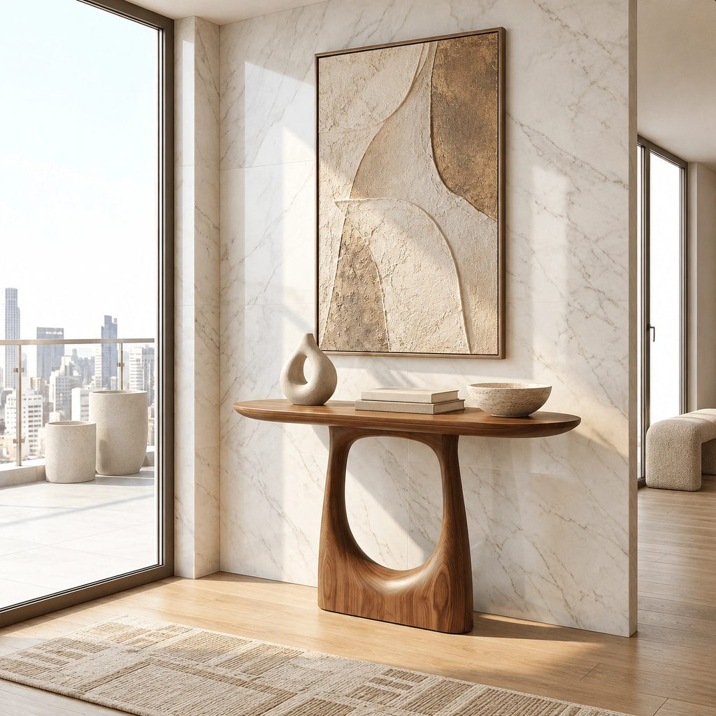 Modern Pedestal Console Table With Oval Cutout Base For Entryway