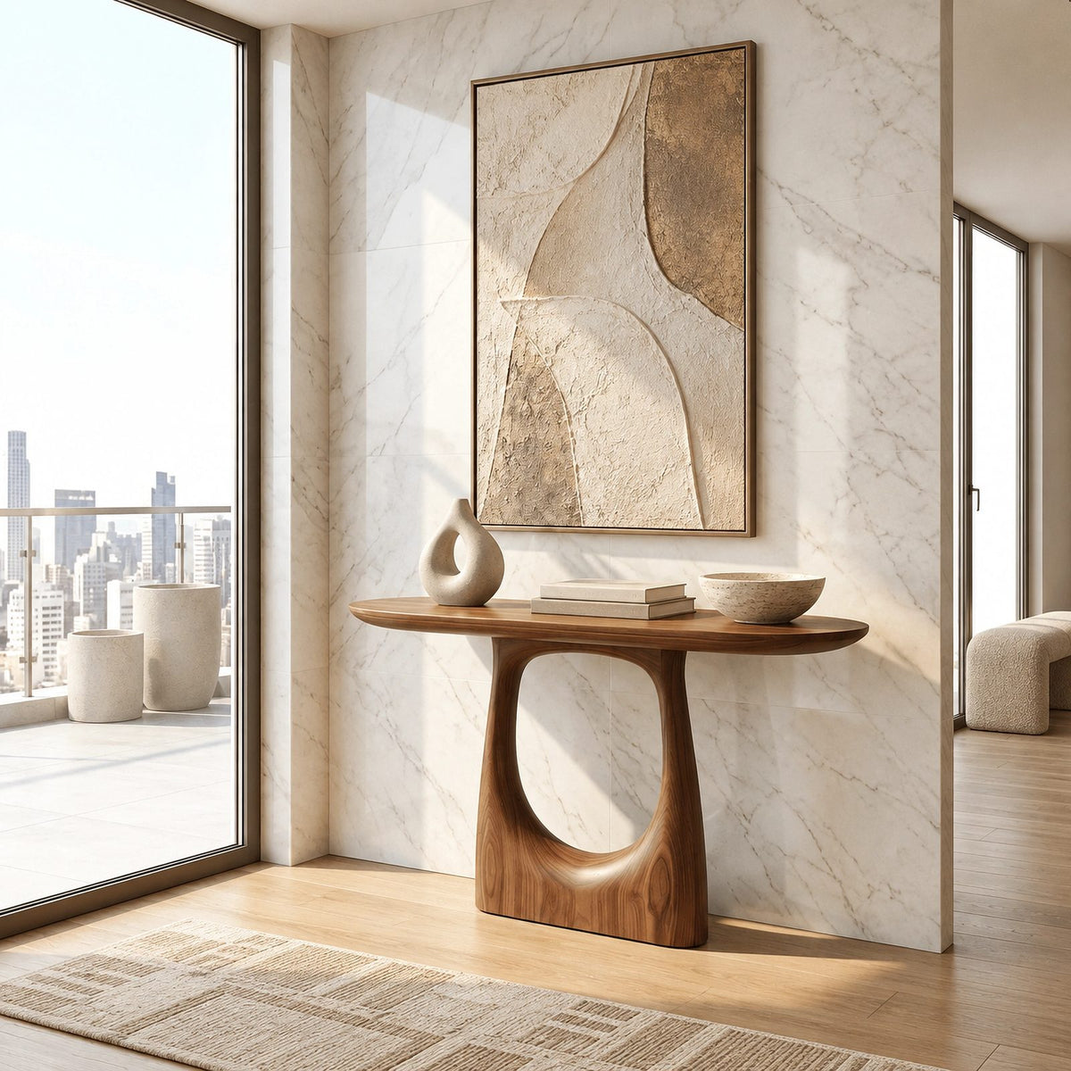 Modern Pedestal Console Table With Oval Cutout Base For Entryway