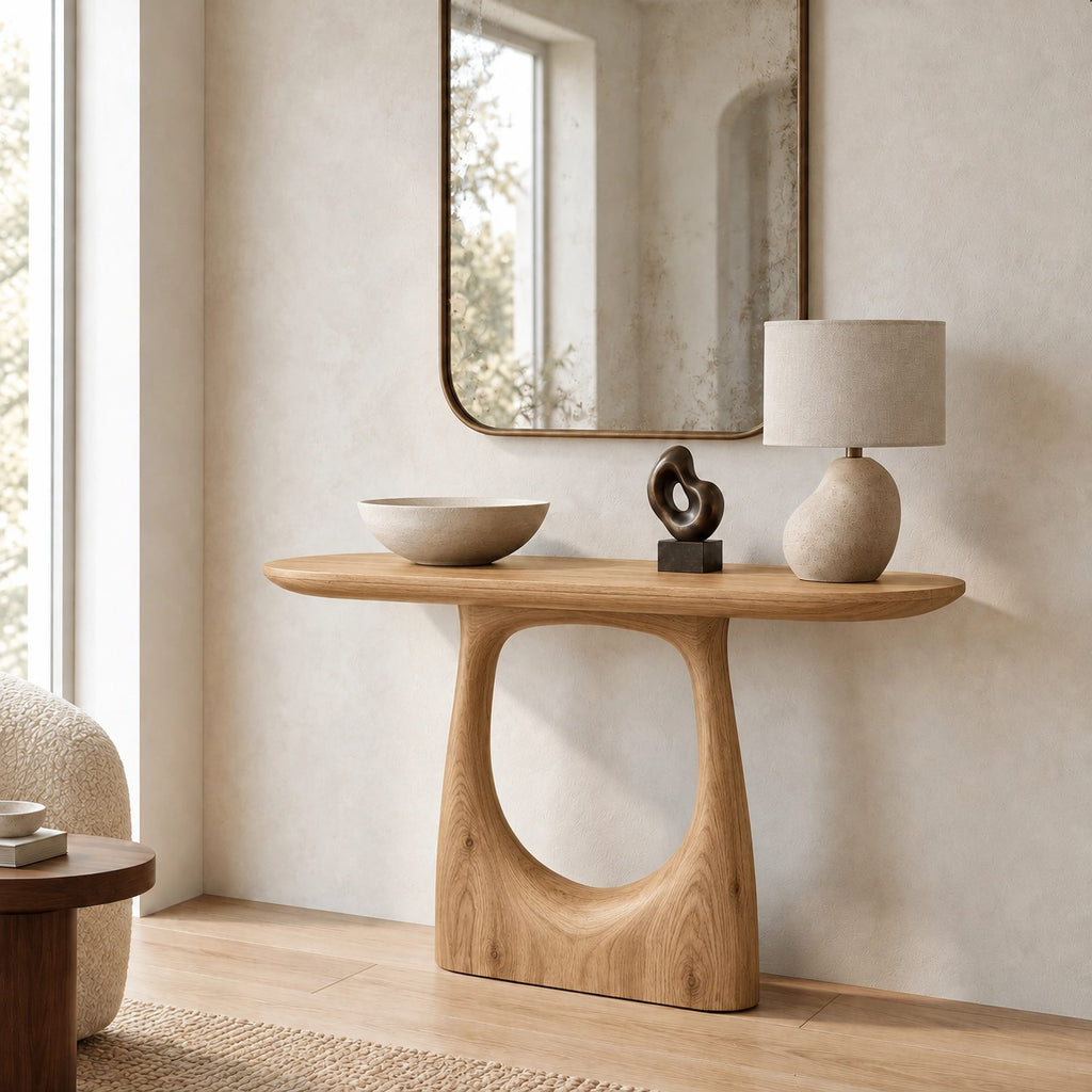 Modern Pedestal Console Table With Oval Cutout Base For Entryway
