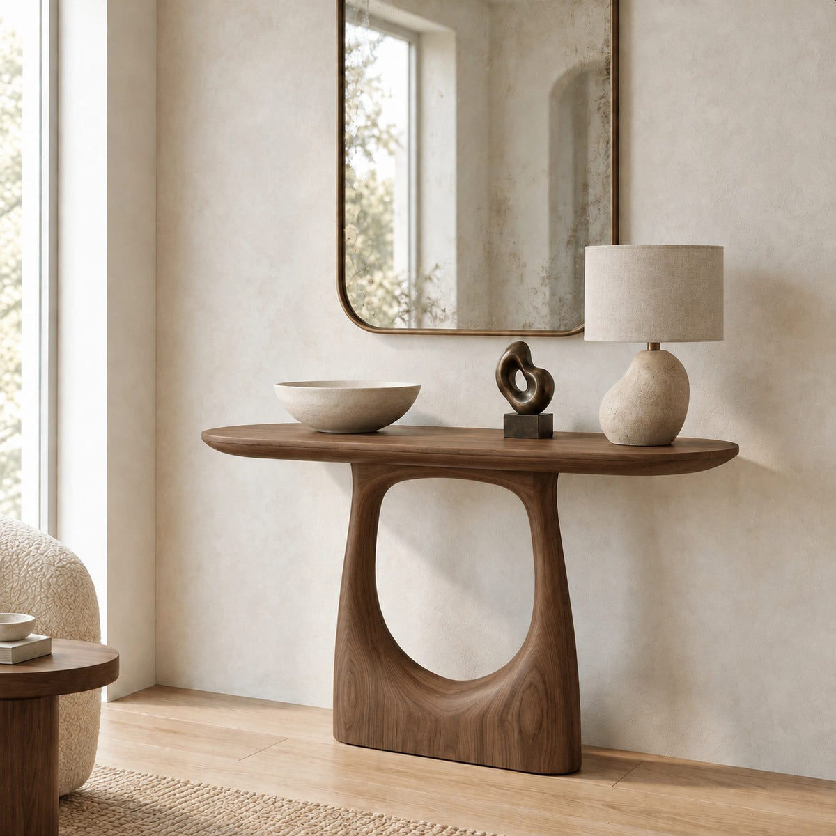 Modern Pedestal Console Table With Oval Cutout Base For Entryway