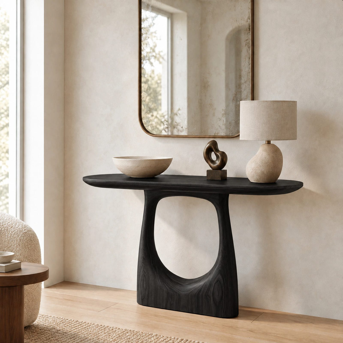 Modern Pedestal Console Table With Oval Cutout Base For Entryway